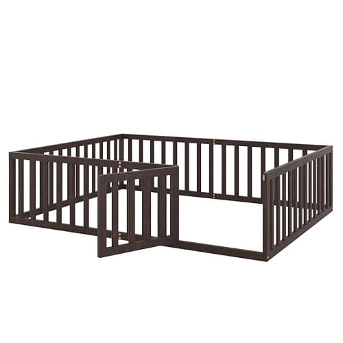 Sturdy Pine Wood Queen Bed Frame with Fence and Door, Walnut Finish