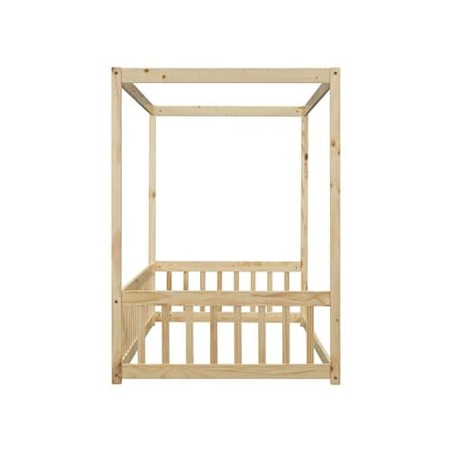 Twin Size Floor Bed Canopy Frame for Kids, Wood Fence, Natural, No Box Spring Needed