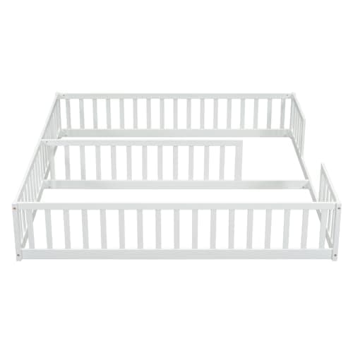 i-POOK Double Twin Bed Frames for 2 Kids, White Wooden Floor Beds