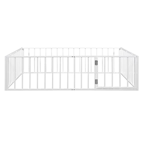 Queen Size Metal Floor Bed Frame with Fence & Door, White, No Box Spring Needed