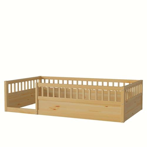 Twin Size Toddler Floor Bed Frame with High Rails & Montessori Design (Natural)