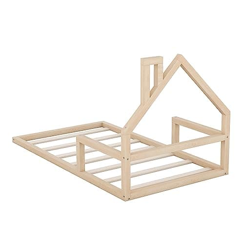 MERITLINE Twin Montessori Floor Bed with House-Shaped Headboard (Natural)