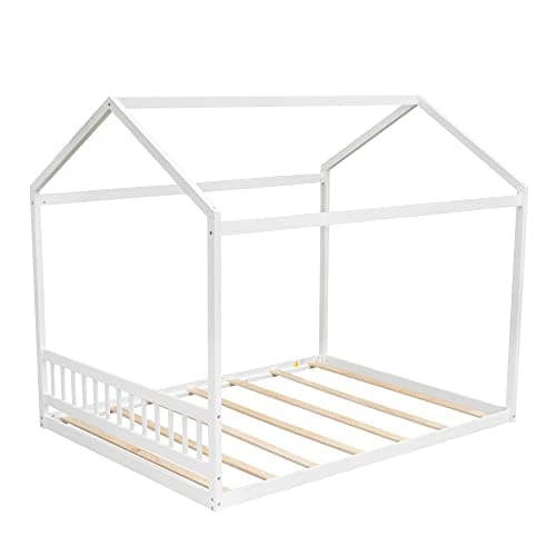 Merax White Queen Size Wooden House Bed, No Headboard Needed