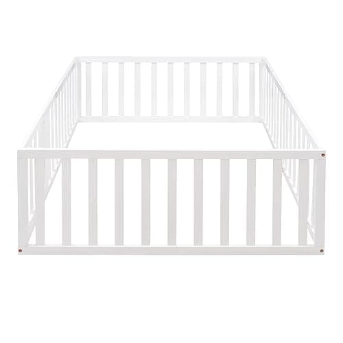 Full Size Montessori Floor Bed with Fence and Door, White Wood Daybed Frame