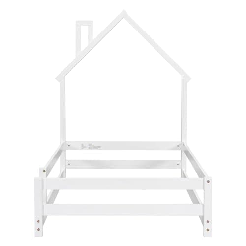 Montessori Twin Wooden Floor Bed with House-Shaped Headboard and Fence Guardrails, White