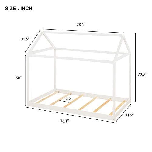 i-POOK White Twin Size Wooden House Bed with Roof