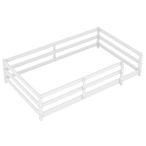Twin Size Montessori Bed with Fence, Wood for Kids (White)