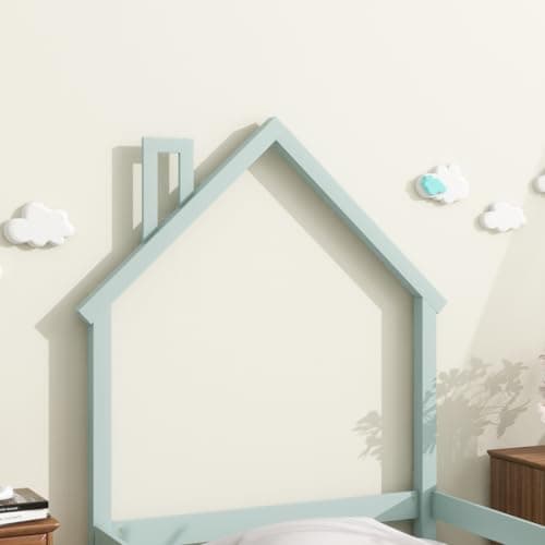 Wood Floor Bed with House-Shaped Headboard and Fences in Green