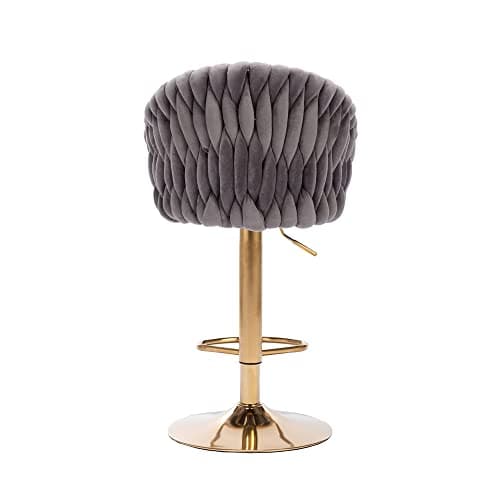 Swivel bar stools with footrest and back in vintage velvet upholstery, metal base, grey