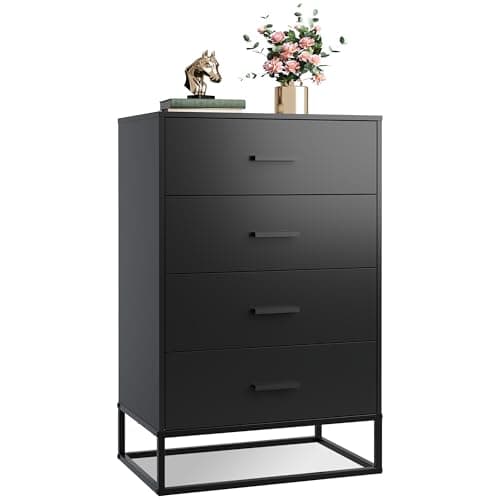 Black Sturdy WLIVE Wood Dresser with 4 Drawers for Bedroom, Hallway, Living Room, Closet