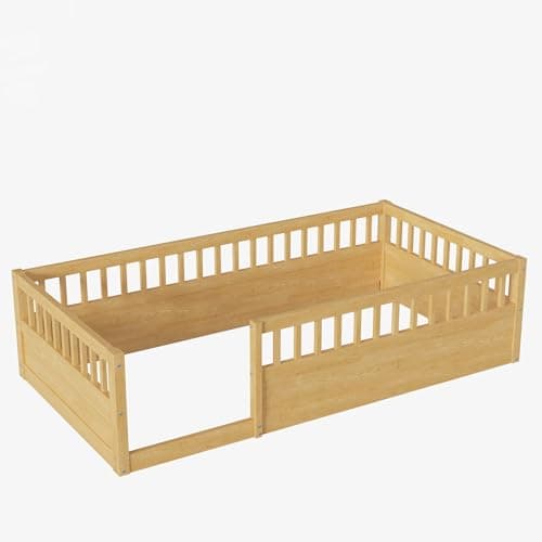 Montessori Twin Floor Bed with Fence & Open Door, High Guardrails &Wood Baffle Design,Natural