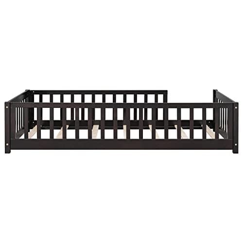 Espresso Toddler Twin Floor Bed with Fence, Easy Assembly