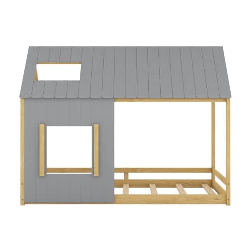 i-POOK Twin Size House Bed with Roof and Window, Gray+Natural