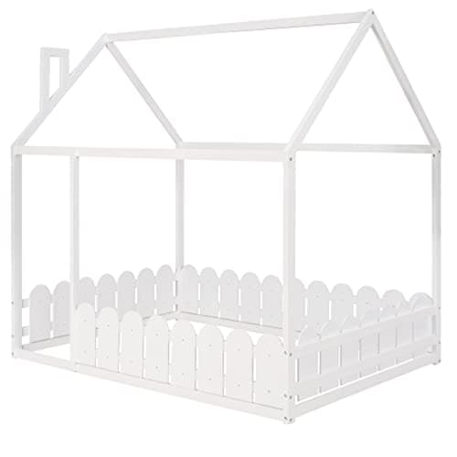 Wooden House Bed for Kids with Full Guardrail, White