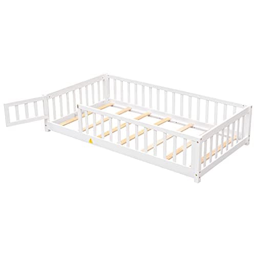 Montessori Twin Bed Frame with Convertible Door & Safety Rails, White