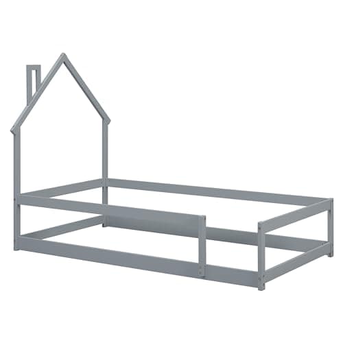 Montessori Twin Floor Bed with Roof & Guardrails, Easy Assembly, Grey