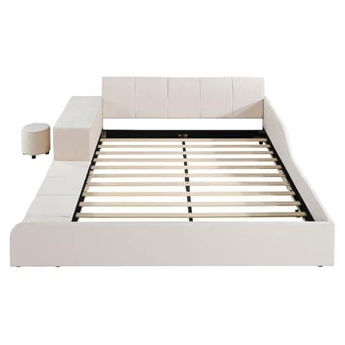 Beige Velvet Upholstered Queen Bed with Desk & Stool, No Box Spring Required