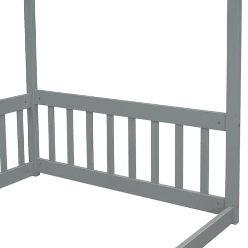 Wooden Twin Montessori Floor Bed Frame with Canopy and Guardrails