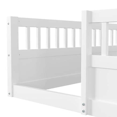 Sturdy Full Size Toddler Floor Bed with Safety Fence (White)