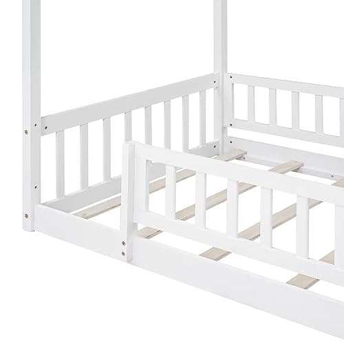 i-POOK White Wood Floor Bed with Fence & Roof for Kids