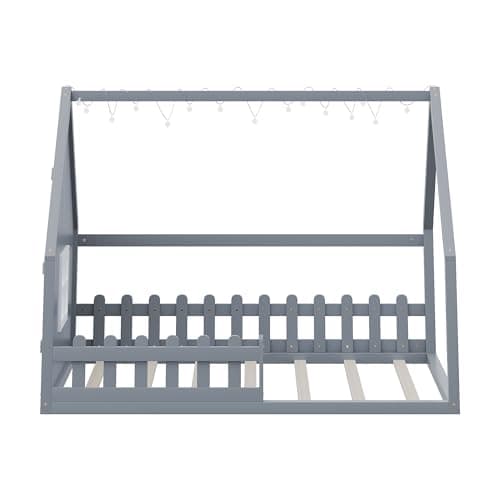 Merax Full Size Montessori Floor Bed with LED Light, Gray