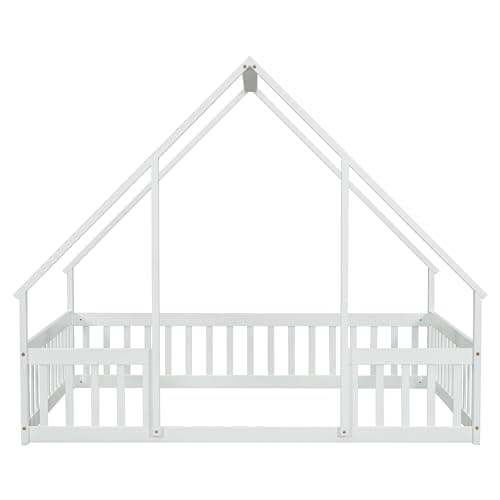 Wooden Montessori Full Floor Bed for Kids with Fence, Playhouse Play Bed - White