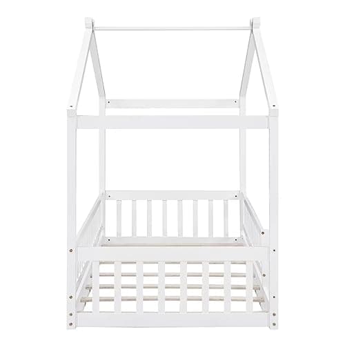 i-POOK White Wood Floor Bed with Fence & Roof for Kids