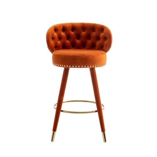 Velvet Swivel Bar Stools Set of 2, Gold Nailhead Trim, Tufted Back, 36 Inch - Orange