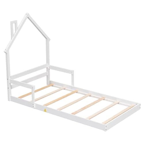 i-POOK Kids Wooden Montessori Floor Bed with House-Shaped Headboard and Handrails, White