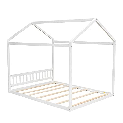 LUSPAZ Queen Size Wood House-Shaped Floor Bed Frame for Toddlers and Babies, Modern Montessori Design, No Box Spring Needed, White