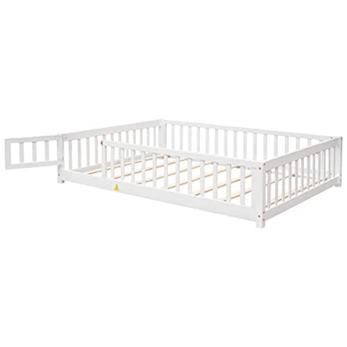 Full Size Montessori Floor Bed for Children, Solid Wood Frame with Safety Guardrails, White