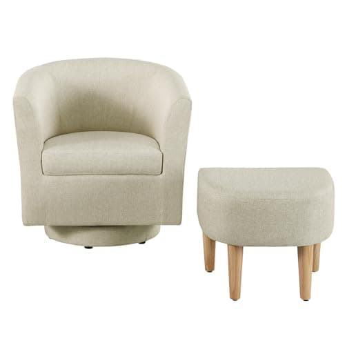 Beige 360 Degree Swivel Accent Chair with Ottoman for Living Room and Bedroom