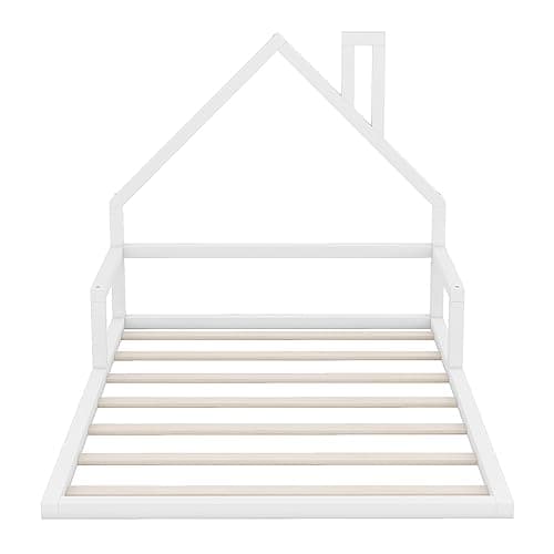 i-POOK White Wood Floor Bed with House-Shaped Headboard