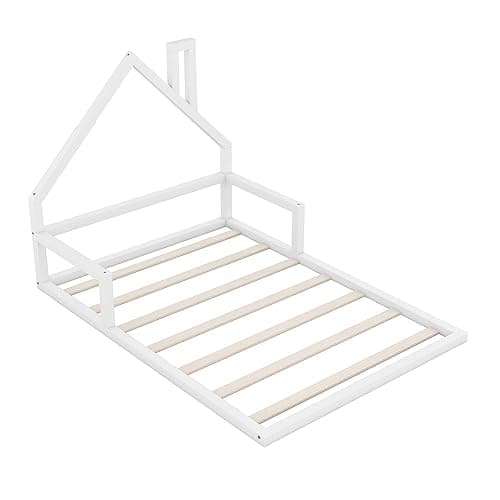i-POOK White Wood Floor Bed with House-Shaped Headboard