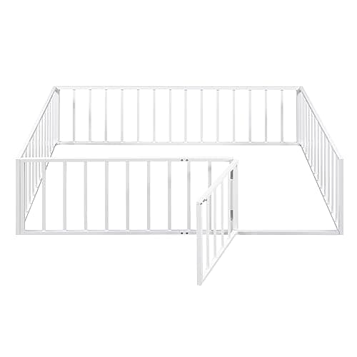Full Size Metal Fence Bed with Door, Versatile Montessori, No Box Spring Needed, Easy Install, White