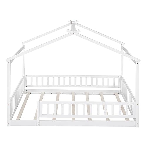 White Wooden Montessori Style Floor Bed with Fence for Kids
