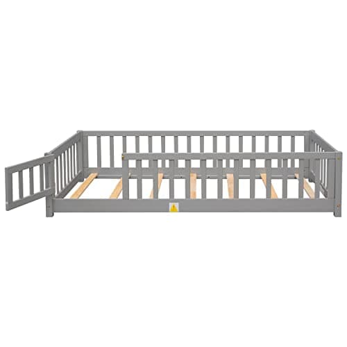 Children Twin Size Montessori Floor Bed Frame with Guardrails, Door, Solid Wood Platform - Gray