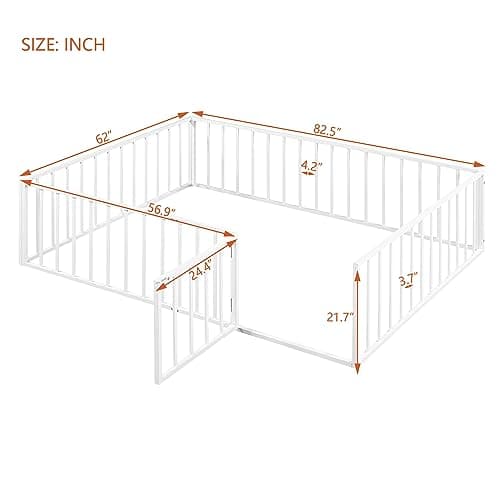 Queen Size Metal Floor Bed Frame with Fence & Door, White, No Box Spring Needed