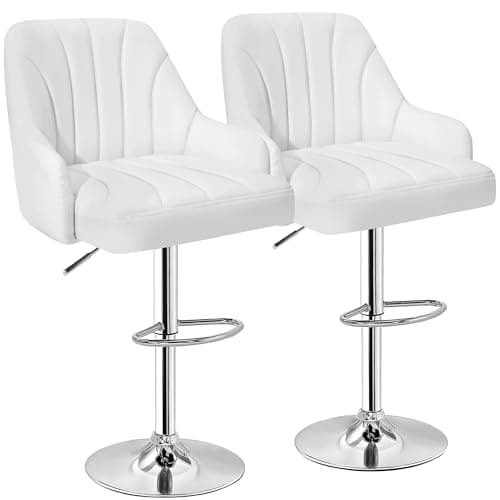 VECELO Counter Height Bar Stool Set, Adjustable with Back & Arm, Swivel PU Leather, White