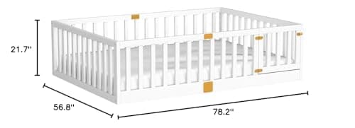 Tatub Full Montessori Floor Bed, Solid Wood, High Rails, Door Install Left or Right, Full-White