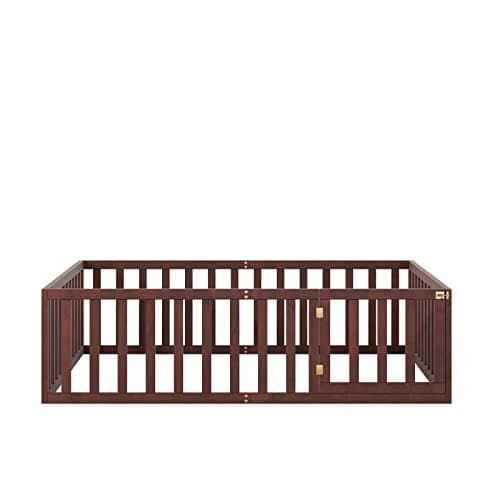 Full Floor Bed Frame for Toddler with Fence and Wood Slats