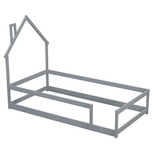 Montessori Twin Floor Bed with Roof & Guardrails, Easy Assembly, Grey