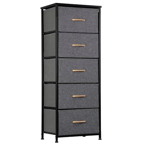 Black Vertical Storage Tower Dresser with 5 Drawers & Wood Top for Bedroom