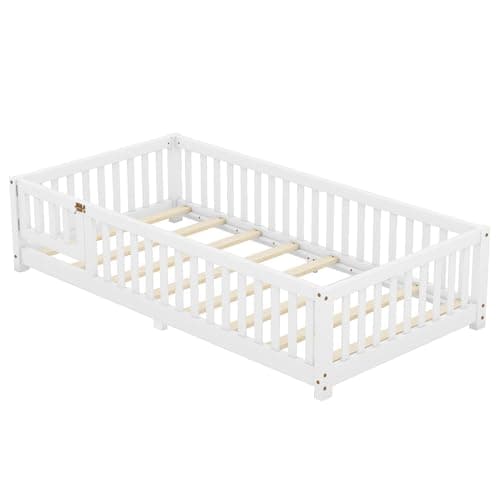 Wooden Montessori Twin Floor Bed with Slats and Support Bar