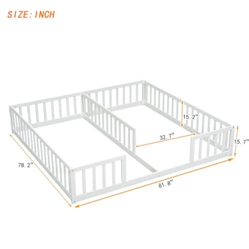 i-POOK Double Twin Bed Frames for 2 Kids, White Wooden Floor Beds