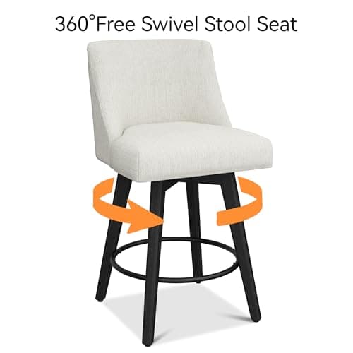 26" Height Swivel Bar Stools, Ivory Fabric, Solid Wood Legs, Modern Kitchen Island Stools Set of 2