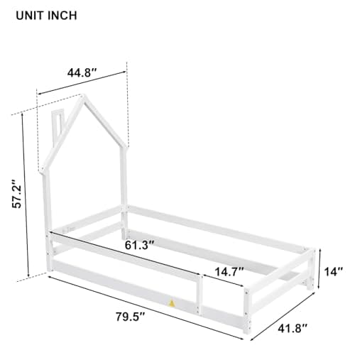 Montessori Twin Wooden Floor Bed with House-Shaped Headboard and Fence Guardrails, White
