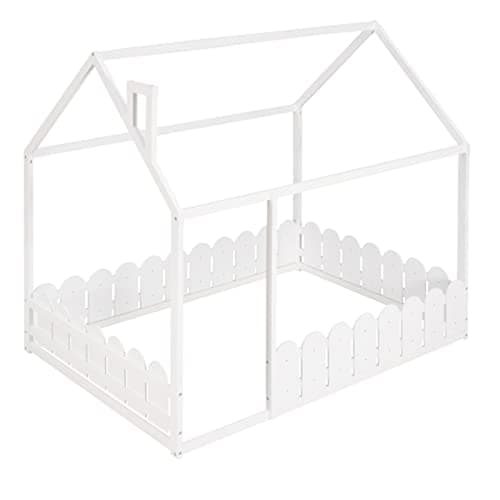 Wooden House Bed for Kids with Full Guardrail, White