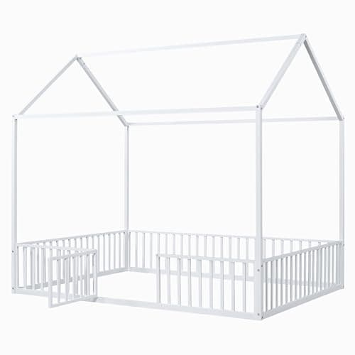 Merax Full Size Montessori Metal House Bed with Roof, White
