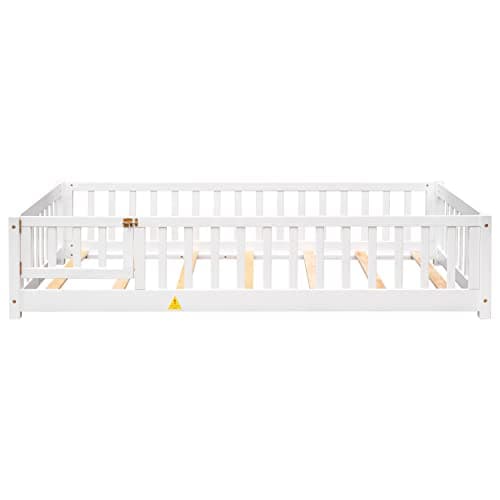 Montessori Twin Bed Frame with Convertible Door & Safety Rails, White
